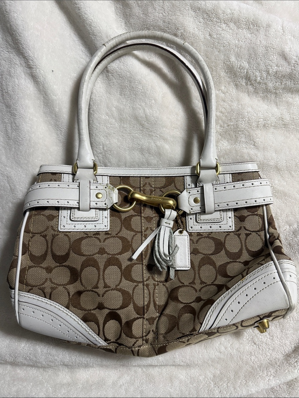 Coach Brown Signature Canvas Shoulder Bag with White Trim